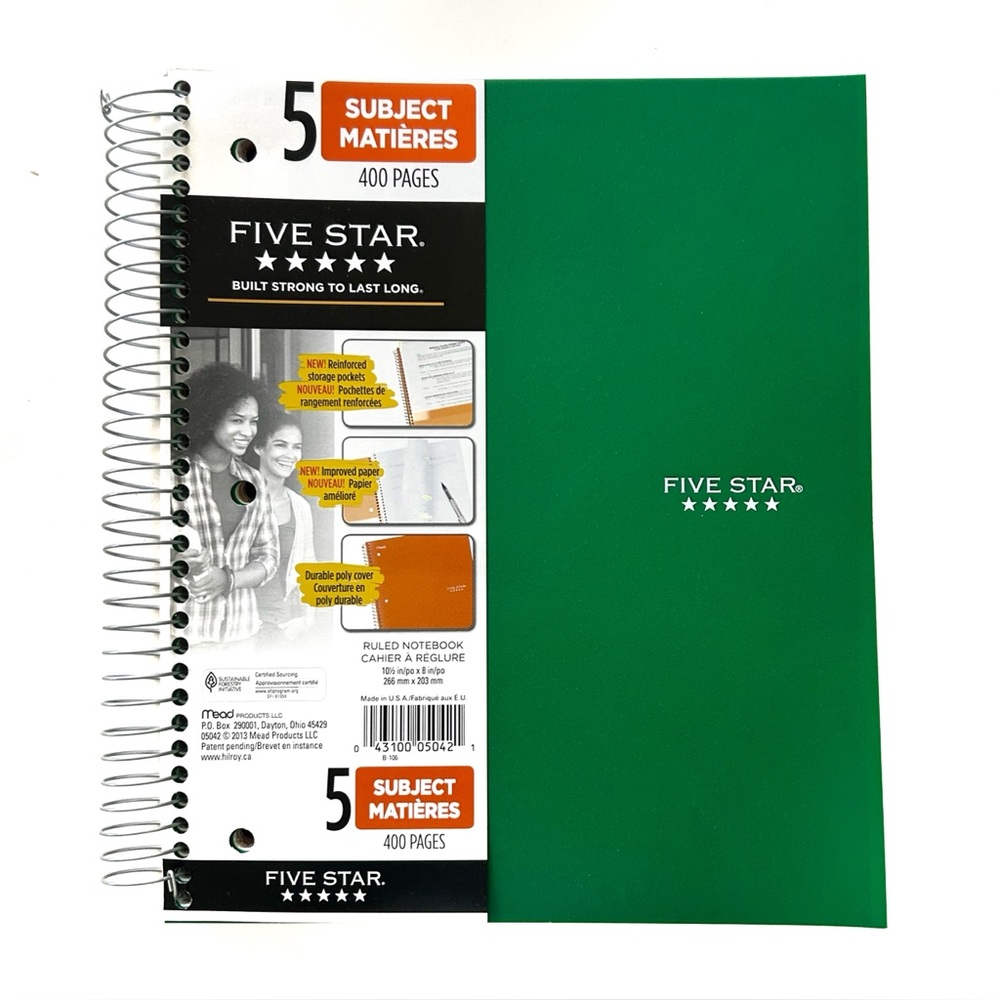 Five Star 5 Subject Spiral Notebook 400 Pages Ruled Lined Paper Green School Job